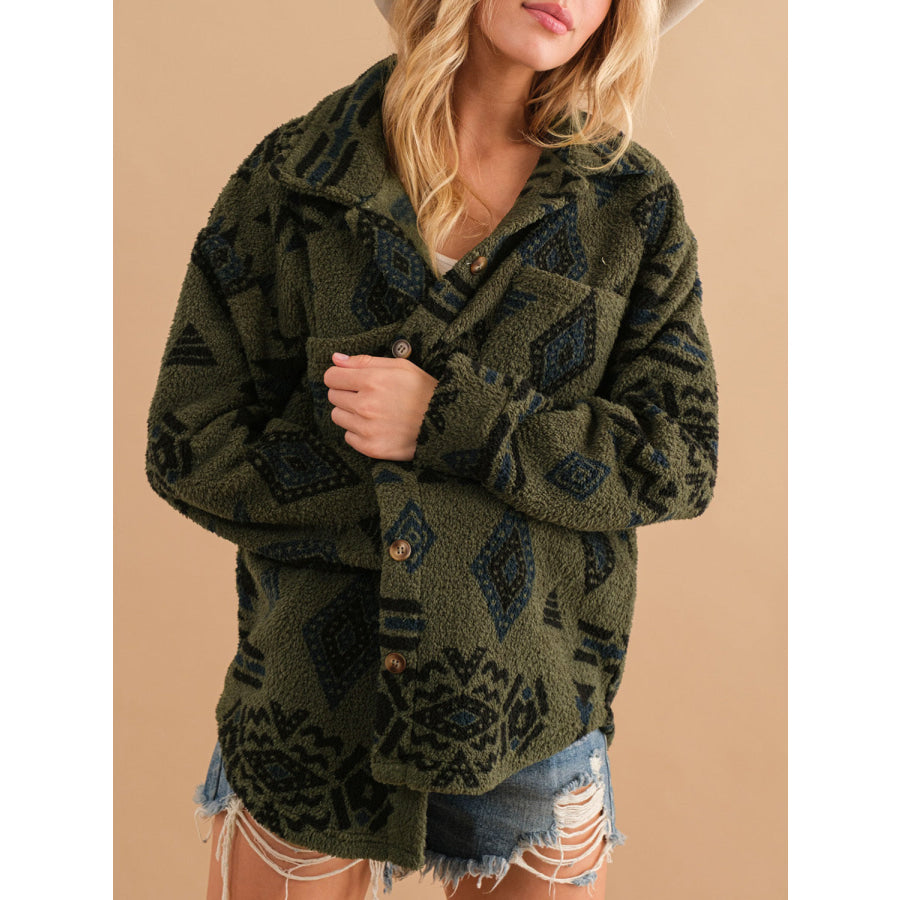 Geometric Button Up Long Sleeve Sherpa Jacket Apparel and Accessories