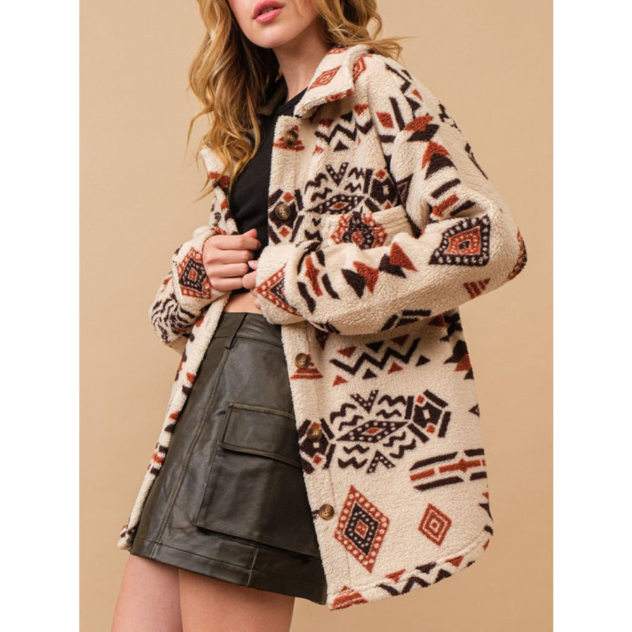 Geometric Button Up Long Sleeve Sherpa Jacket Apparel and Accessories