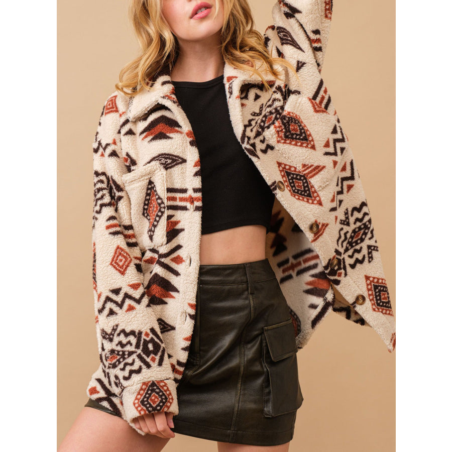 Geometric Button Up Long Sleeve Sherpa Jacket Apparel and Accessories