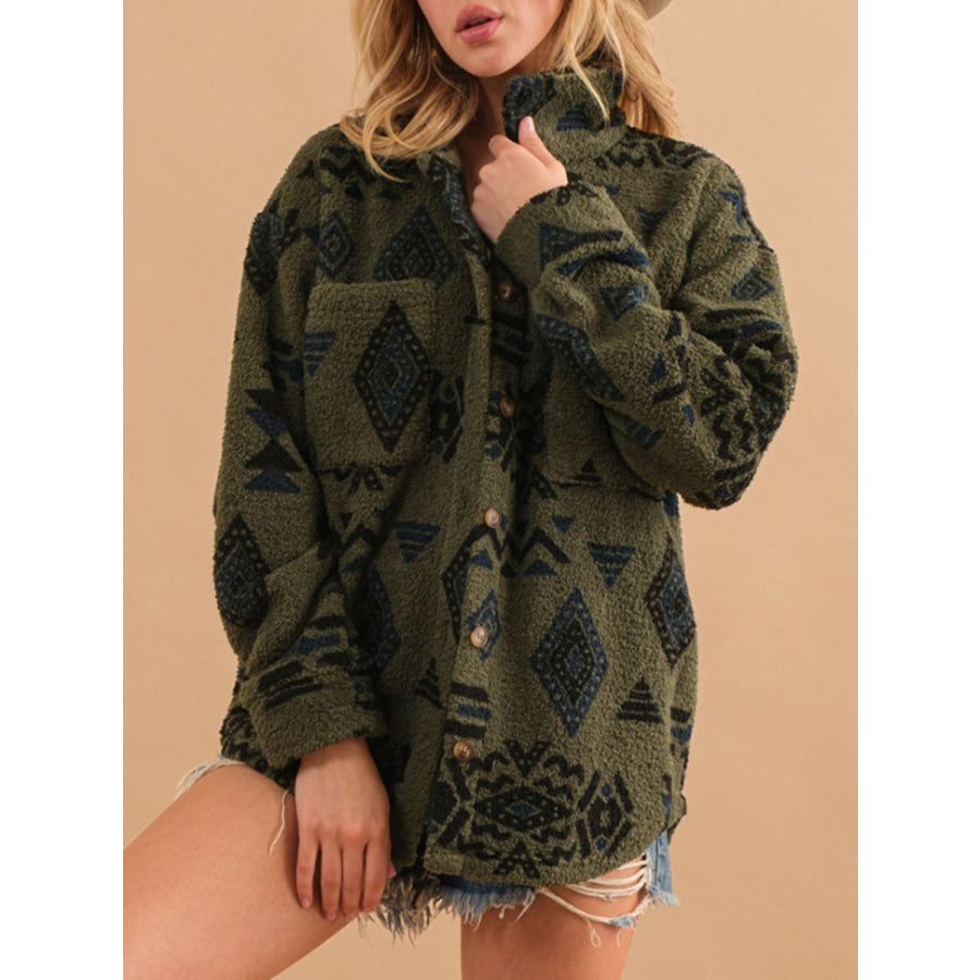 Geometric Button Up Long Sleeve Sherpa Jacket Apparel and Accessories