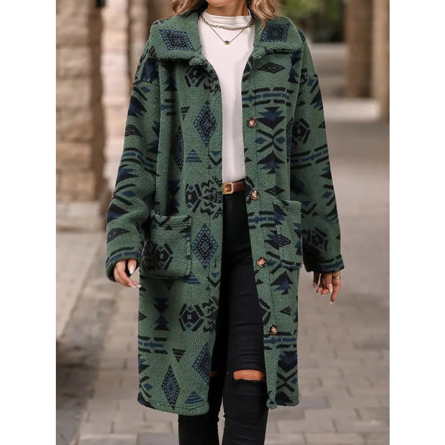 Geometric Button Up Longline Coat Army Green / S Apparel and Accessories