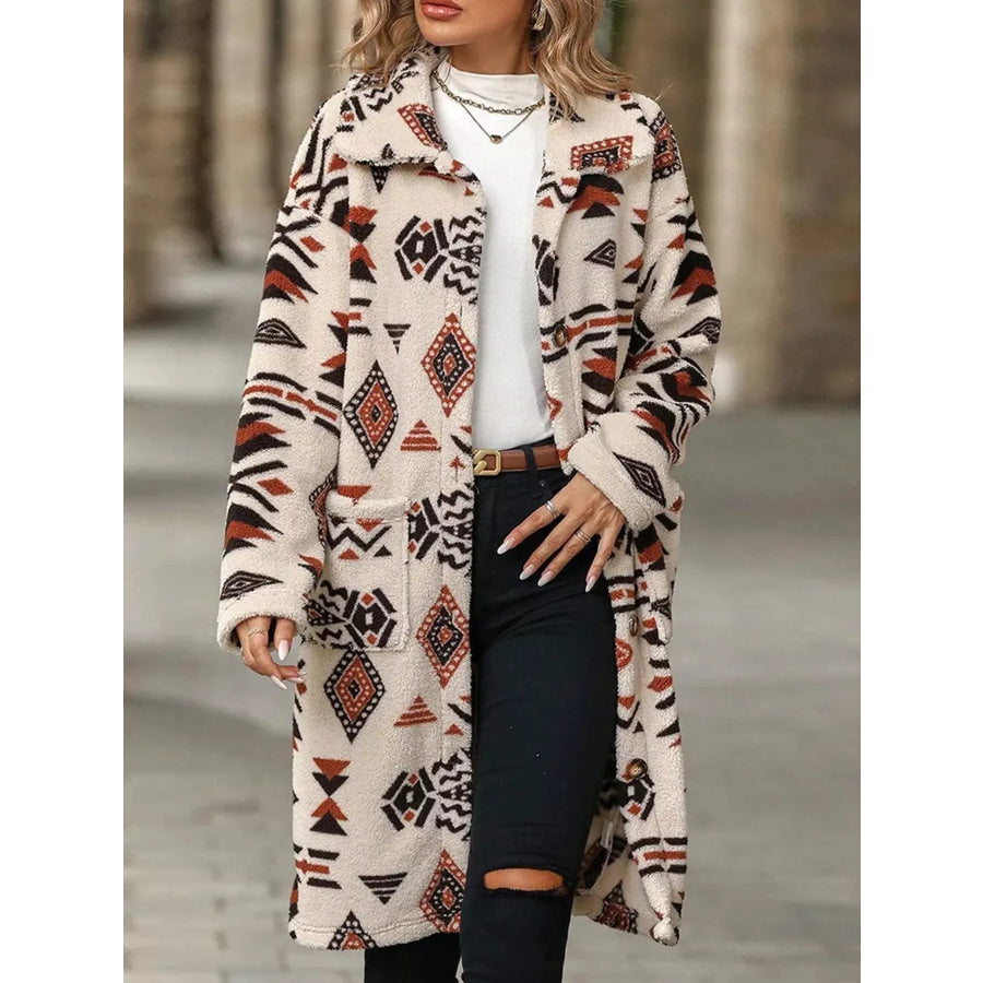 Geometric Button Up Longline Coat Beige / S Apparel and Accessories