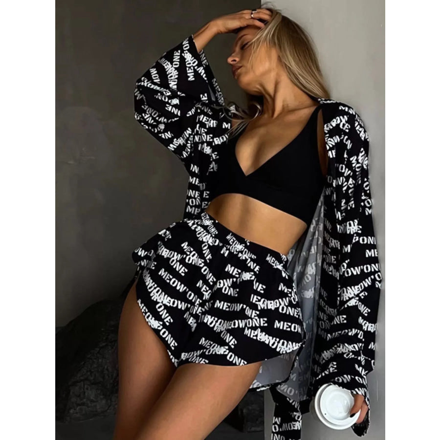 Geometric Cat Print Cardigan and Shorts Lounge Set Apparel Accessories