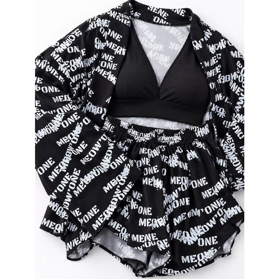 Geometric Cat Print Cardigan and Shorts Lounge Set Apparel Accessories