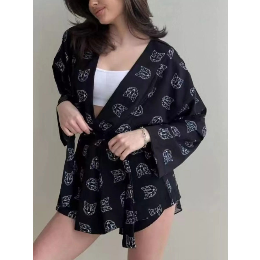 Geometric Cat Print Cardigan and Shorts Lounge Set Apparel Accessories