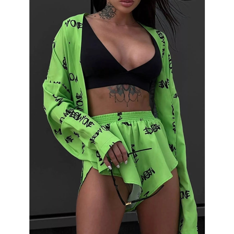 Geometric Cat Print Cardigan and Shorts Lounge Set Apparel Accessories