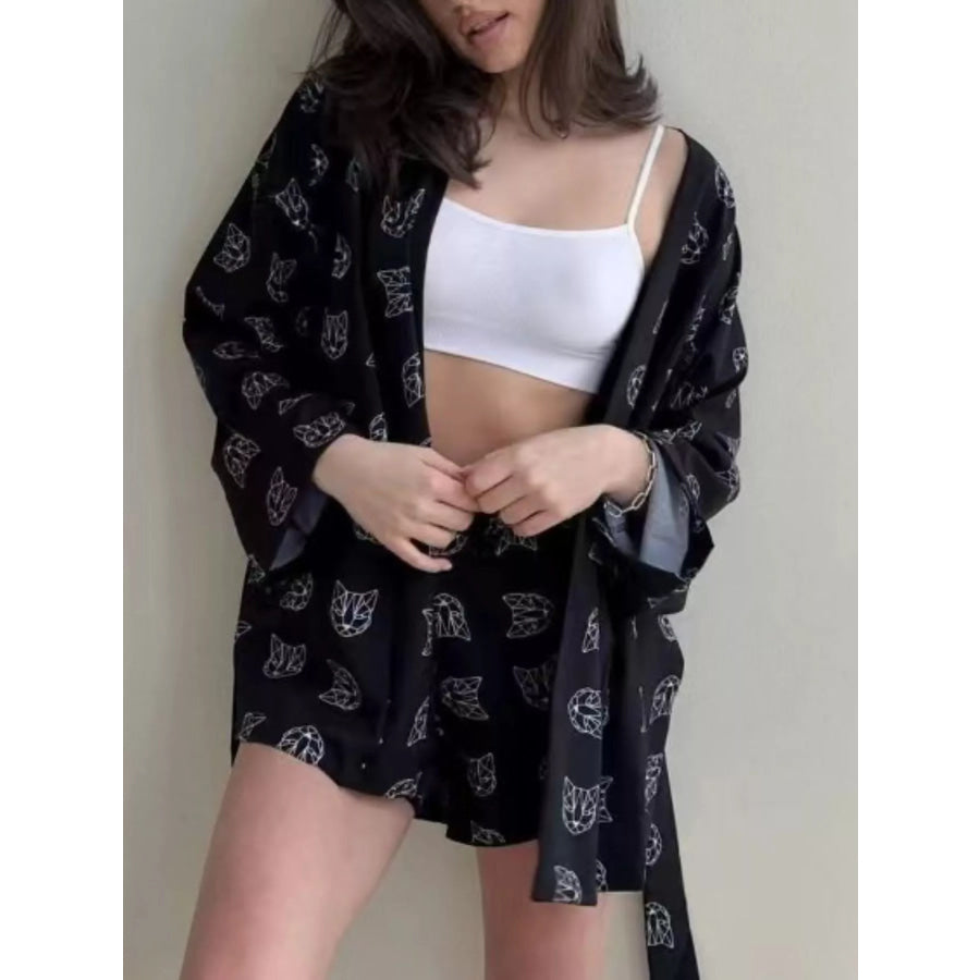 Geometric Cat Print Cardigan and Shorts Lounge Set Apparel Accessories