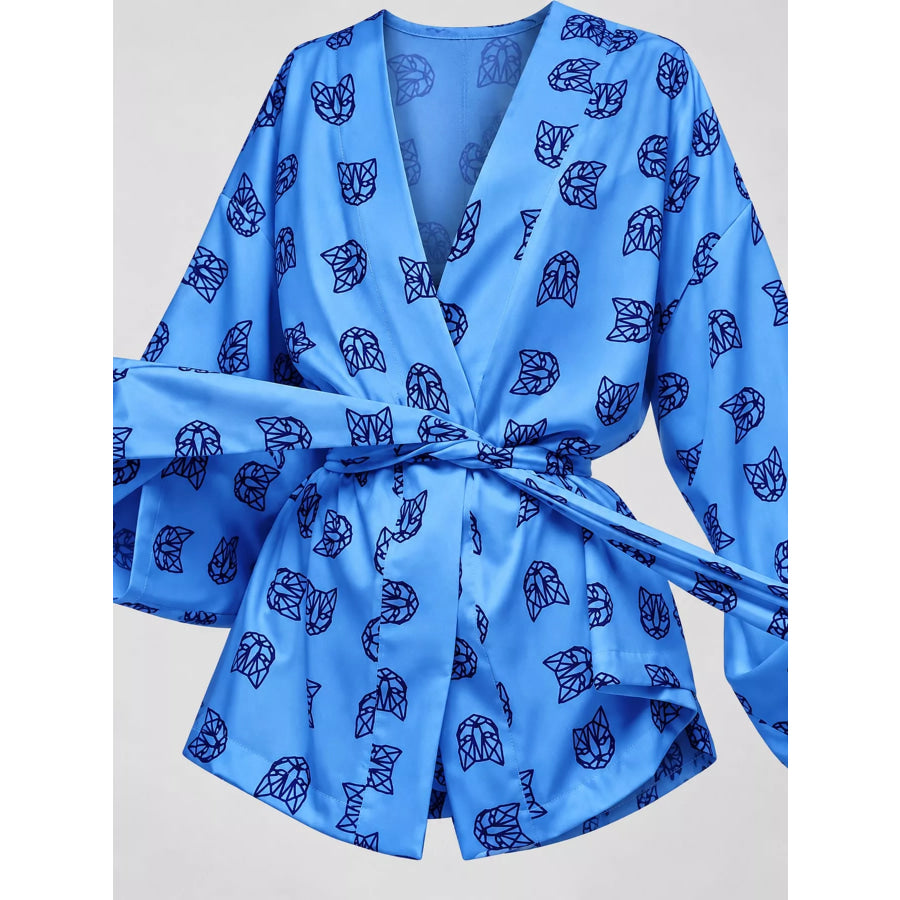 Geometric Cat Print Cardigan and Shorts Lounge Set Apparel Accessories