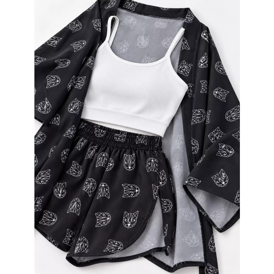 Geometric Cat Print Cardigan and Shorts Lounge Set Apparel Accessories