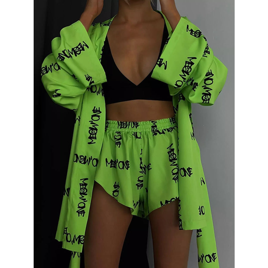 Geometric Cat Print Cardigan and Shorts Lounge Set Apparel Accessories
