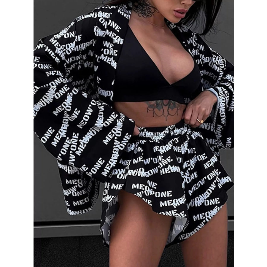 Geometric Cat Print Cardigan and Shorts Lounge Set Apparel Accessories