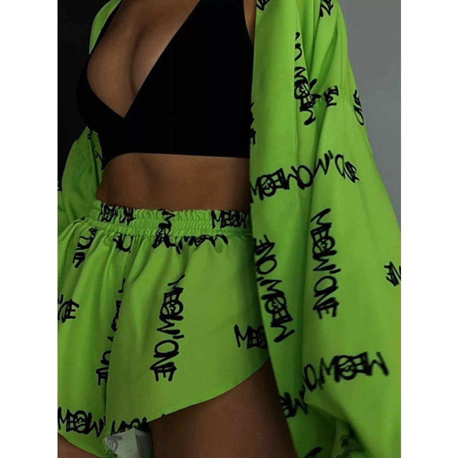 Geometric Cat Print Cardigan and Shorts Lounge Set Apparel Accessories