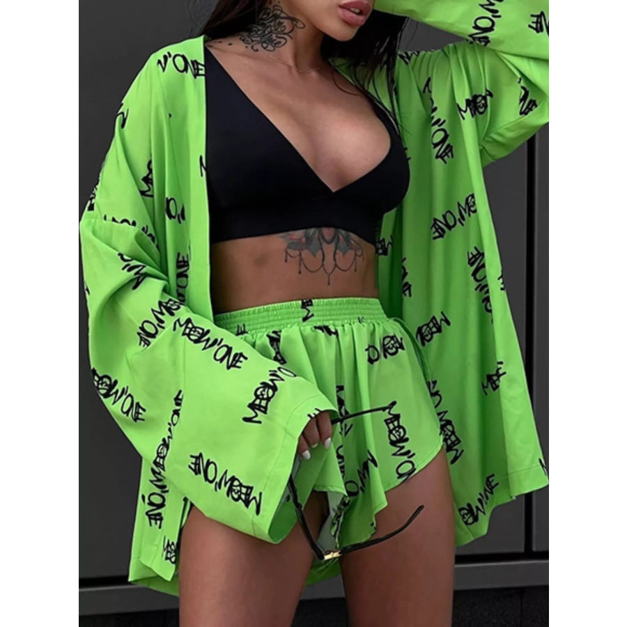 Geometric Cat Print Cardigan and Shorts Lounge Set Apparel Accessories