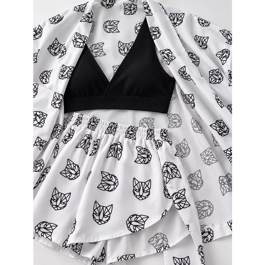 Geometric Cat Print Cardigan and Shorts Lounge Set Apparel Accessories