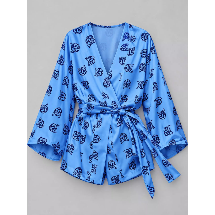 Geometric Cat Print Cardigan and Shorts Lounge Set Apparel Accessories