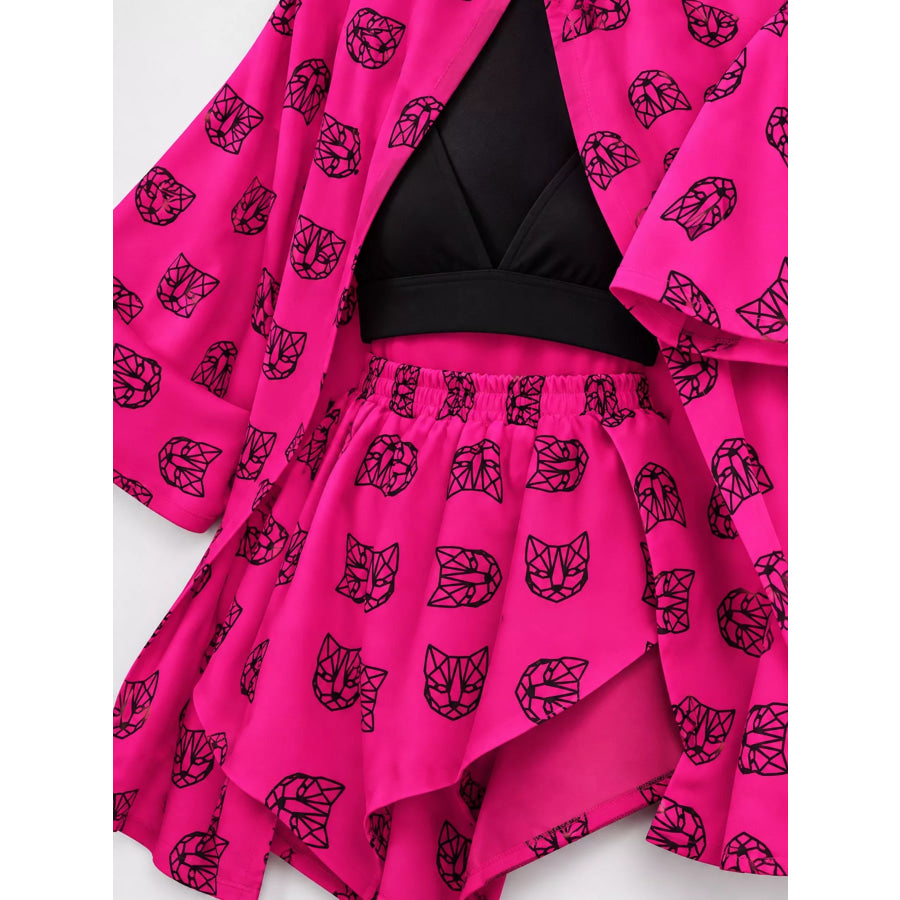 Geometric Cat Print Cardigan and Shorts Lounge Set Apparel Accessories