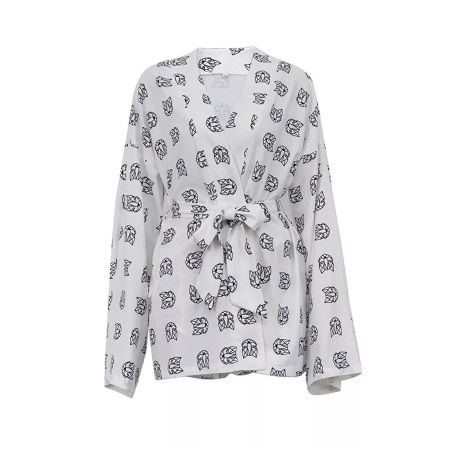 Geometric Cat Print Cardigan and Shorts Lounge Set Apparel Accessories