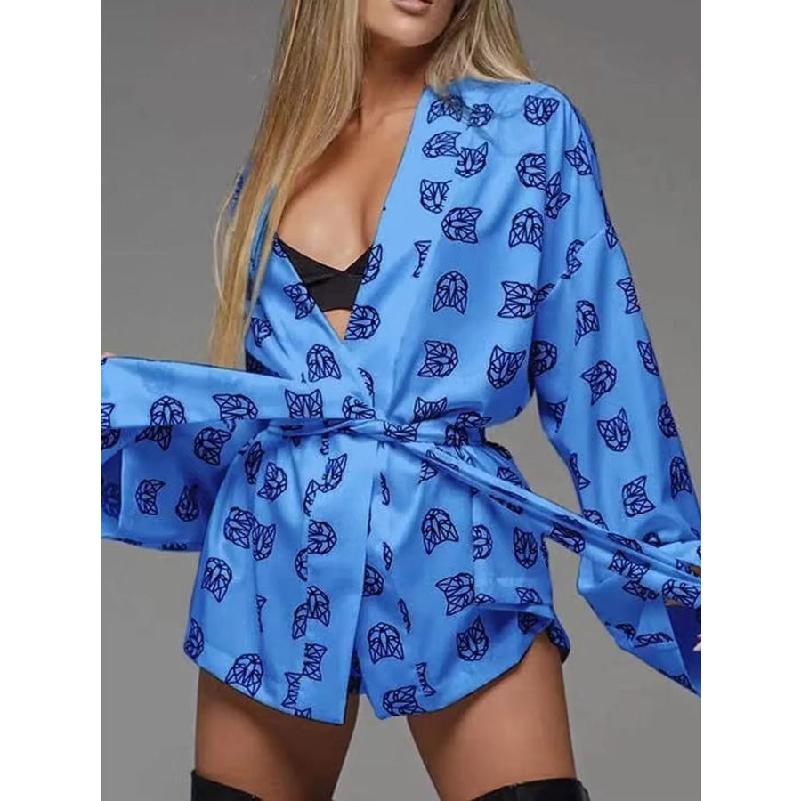 Geometric Cat Print Cardigan and Shorts Lounge Set Blue / S Apparel Accessories