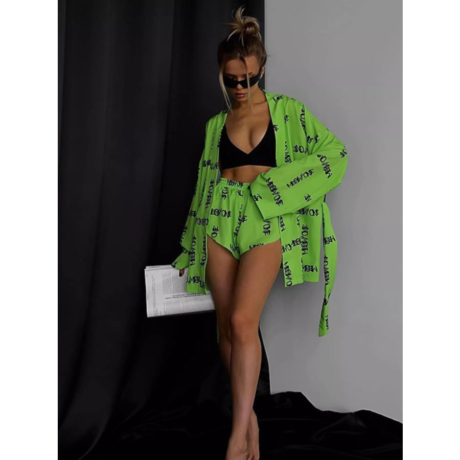 Geometric Cat Print Cardigan and Shorts Lounge Set Green / S Apparel Accessories
