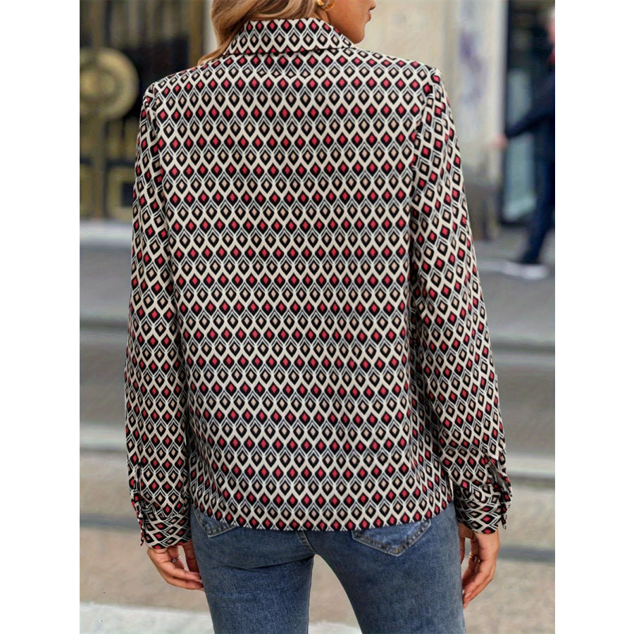 Geometric Collared Neck Long Sleeve Shirt Apparel and Accessories