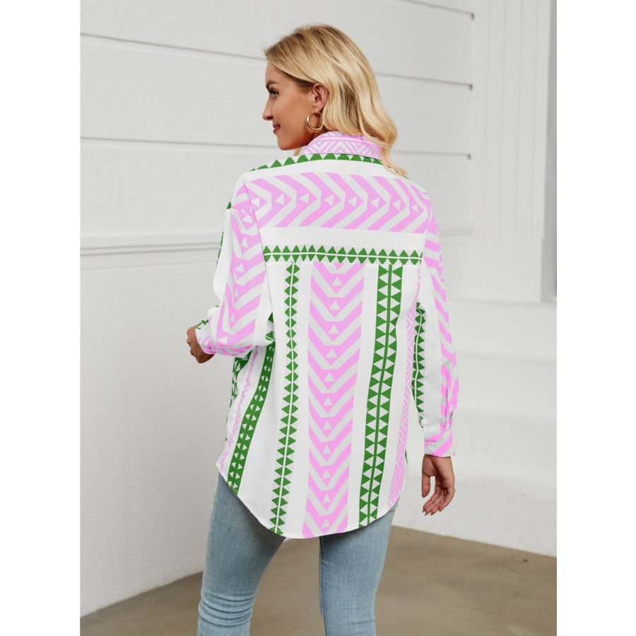 Geometric Collared Neck Long Sleeve Shirt Apparel and Accessories