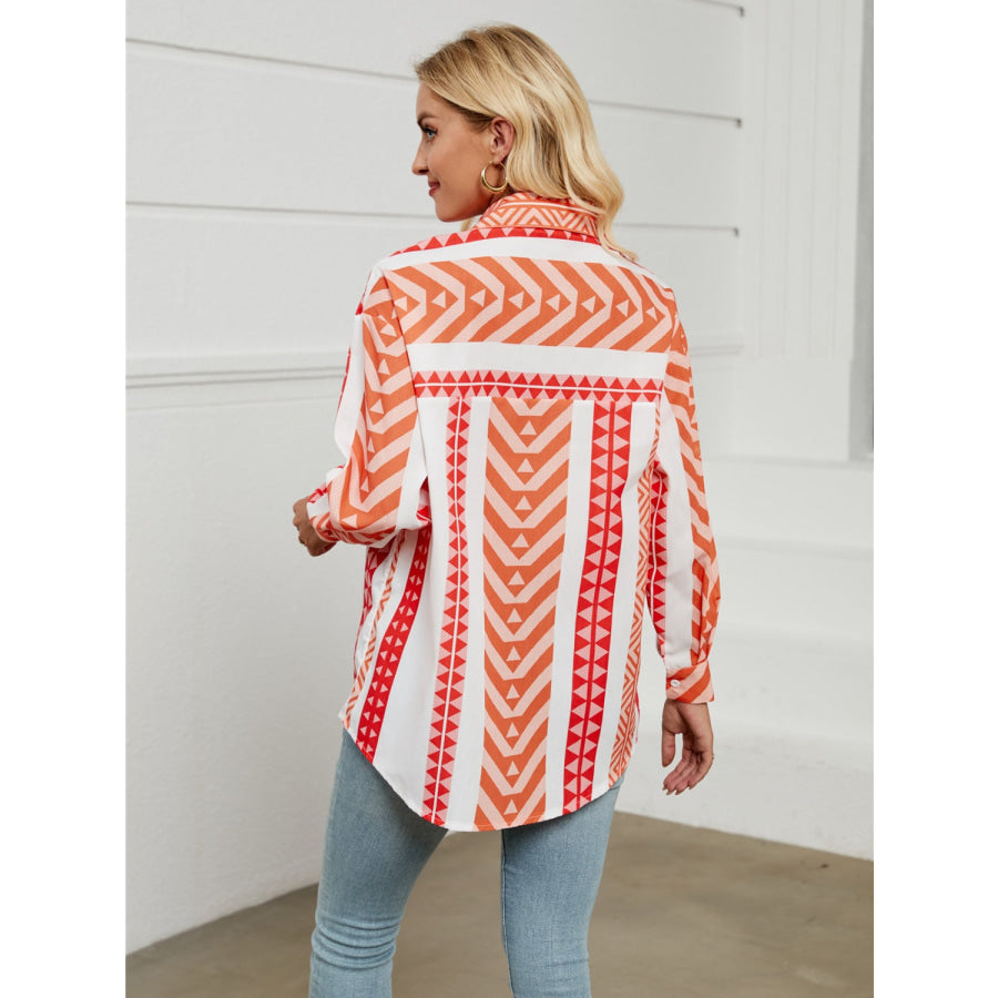 Geometric Collared Neck Long Sleeve Shirt Tangerine / S Apparel and Accessories