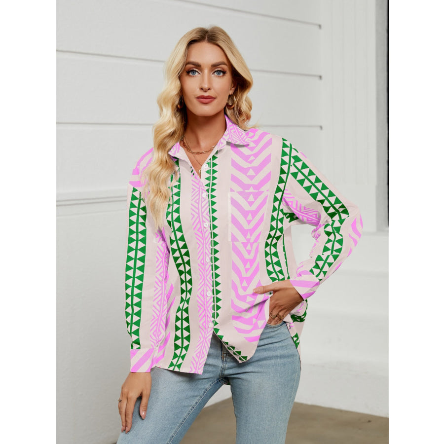 Geometric Collared Neck Long Sleeve Shirt Fuchsia Pink / S Apparel and Accessories