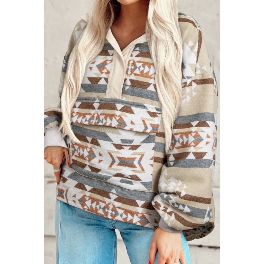 Geometric Collared Neck Long Sleeve Sweatshirt Beige / S Apparel and Accessories