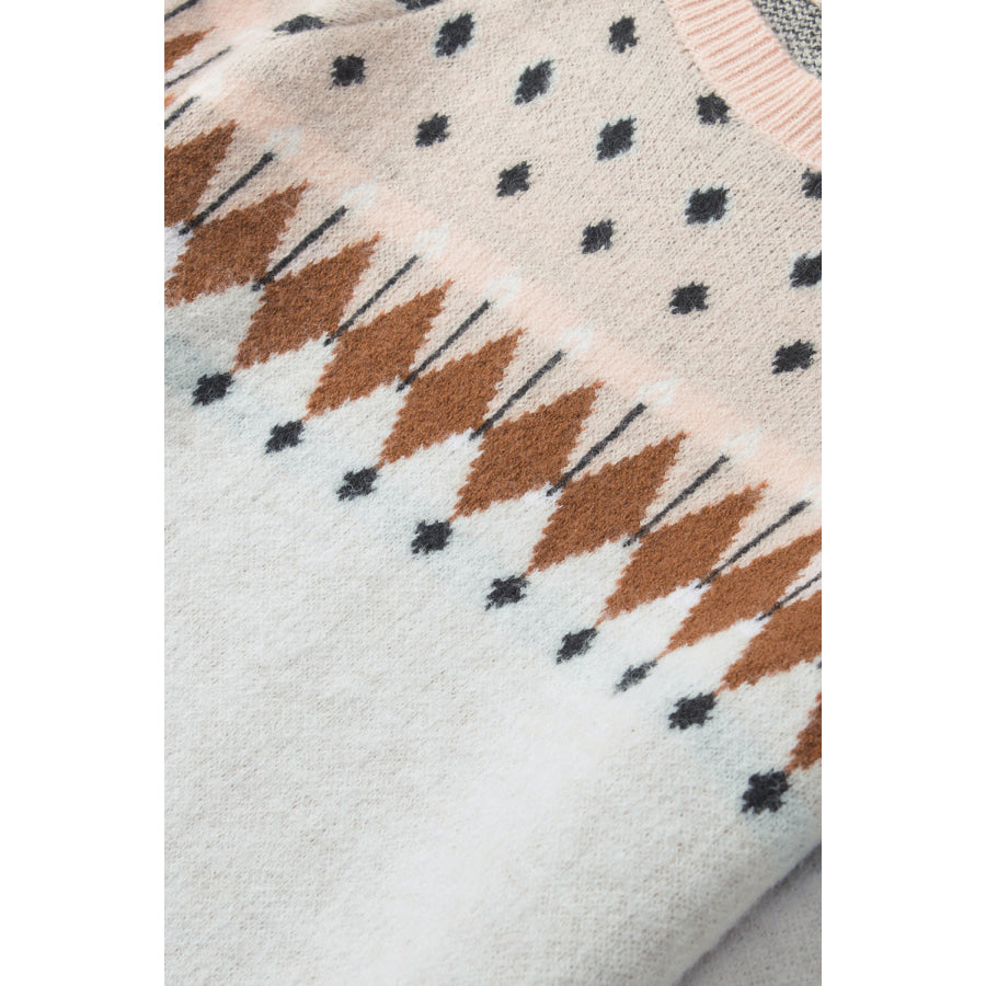 Geometric Contrast Round Neck Long Sleeve Sweater Apparel and Accessories