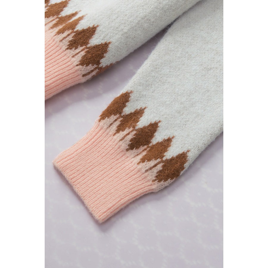 Geometric Contrast Round Neck Long Sleeve Sweater Apparel and Accessories