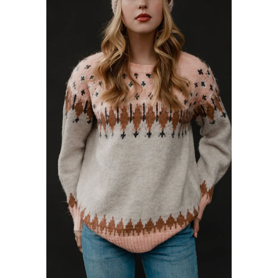 Geometric Contrast Round Neck Long Sleeve Sweater Apparel and Accessories