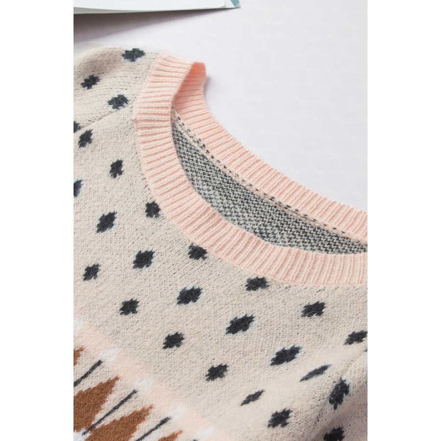 Geometric Contrast Round Neck Long Sleeve Sweater Apparel and Accessories