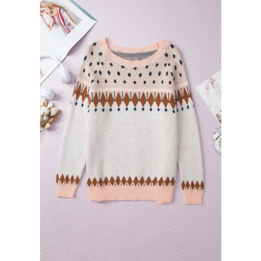 Geometric Contrast Round Neck Long Sleeve Sweater Apparel and Accessories