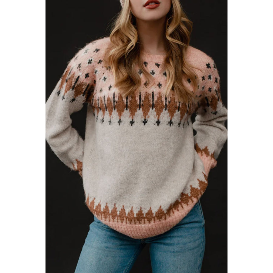 Geometric Contrast Round Neck Long Sleeve Sweater Watermelon pink / M Apparel and Accessories