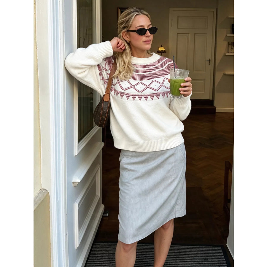 Geometric Crew Neck Knit Sweater Apparel and Accessories