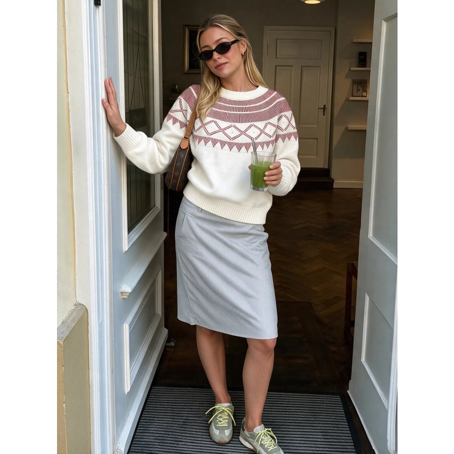 Geometric Crew Neck Knit Sweater Apparel and Accessories