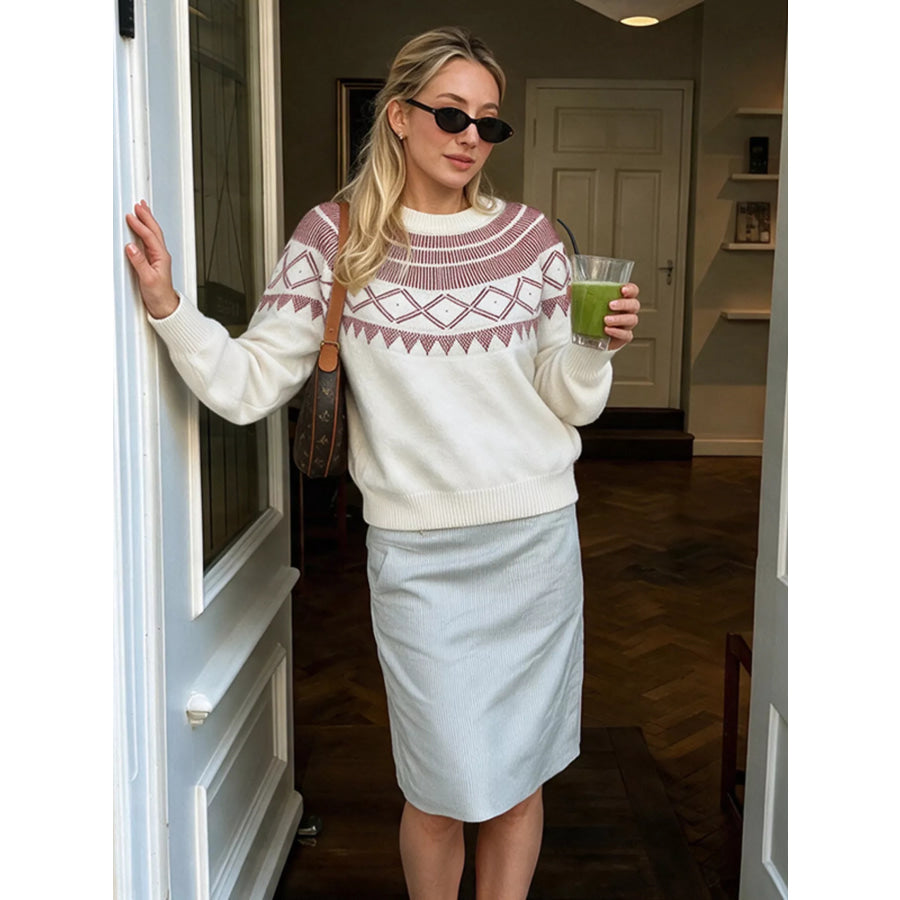 Geometric Crew Neck Knit Sweater Apparel and Accessories