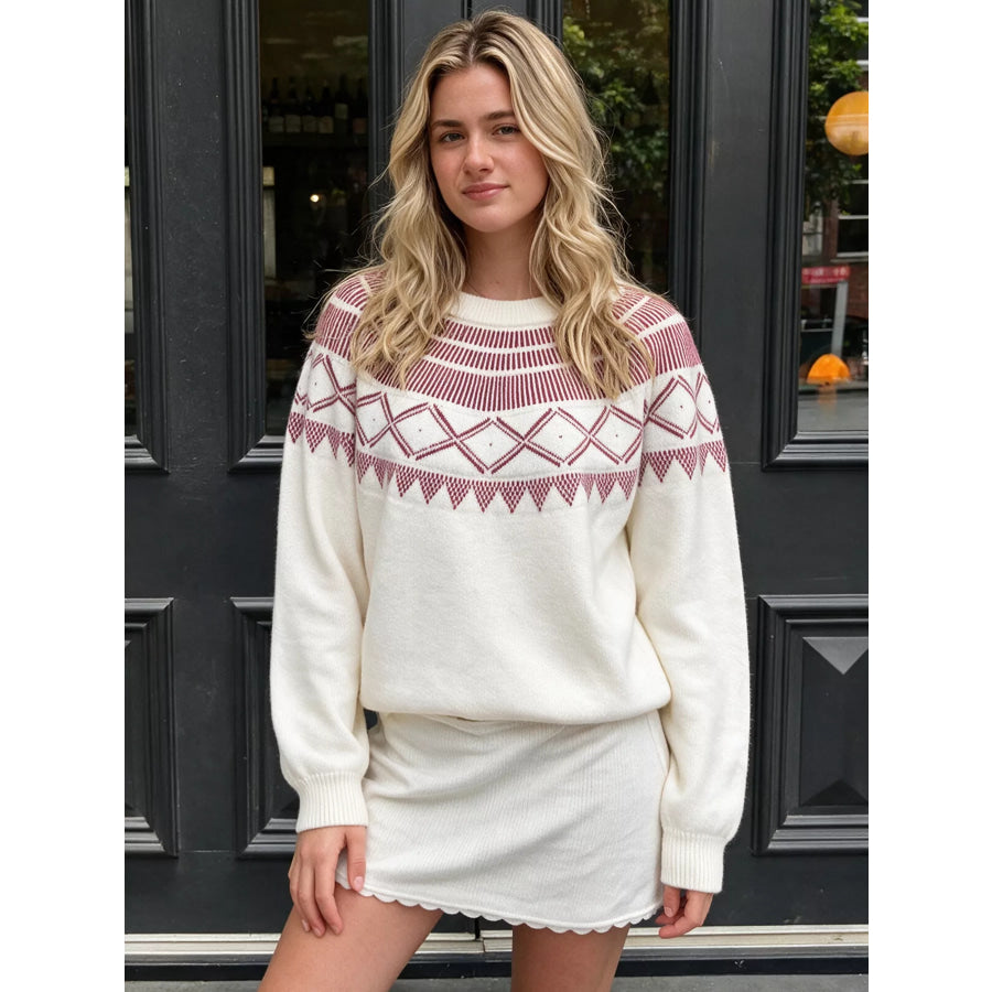 Geometric Crew Neck Knit Sweater White / S Apparel and Accessories
