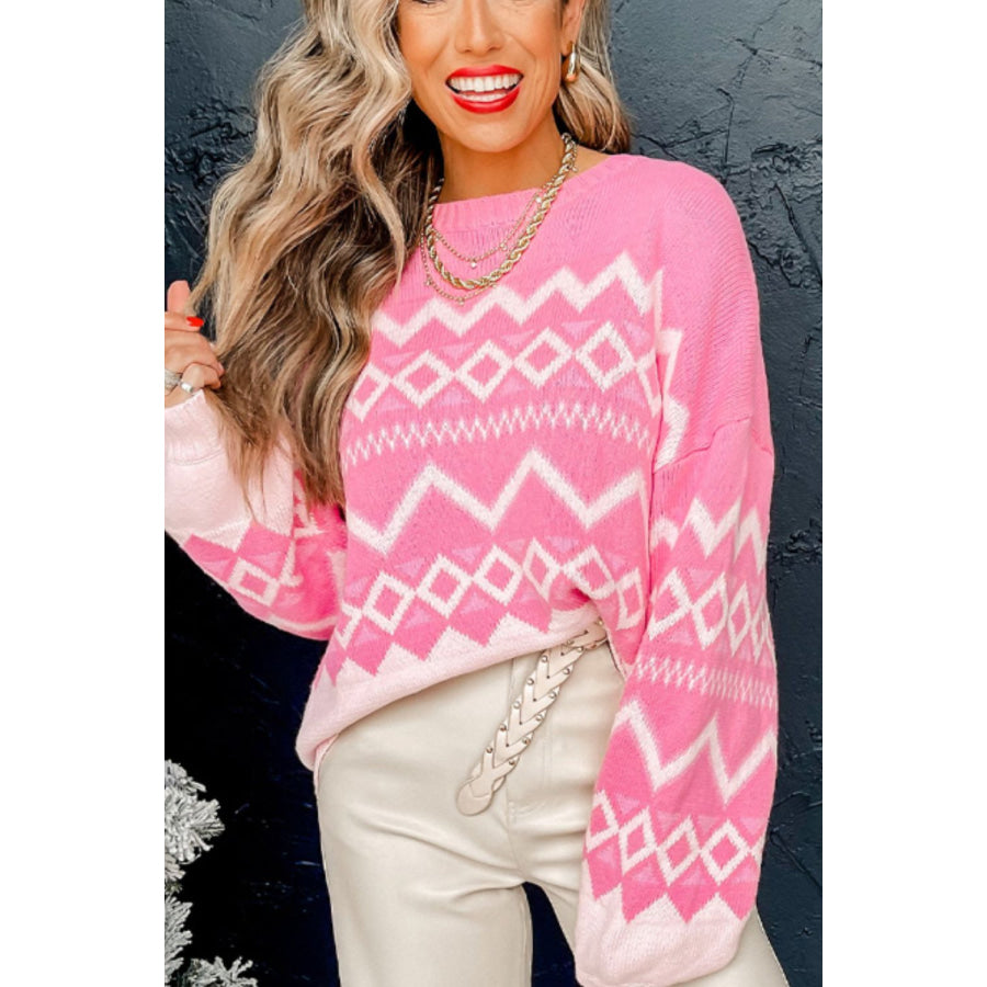 Geometric Drop Shoulder Long Sleeve Sweater Apparel and Accessories