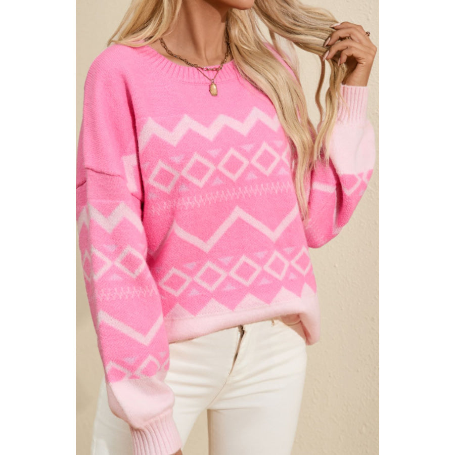 Geometric Drop Shoulder Long Sleeve Sweater Pink / S Apparel and Accessories