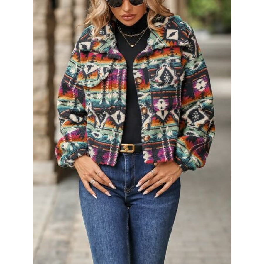 Geometric Dropped Shoulder Balloon Sleeve Outerwear Multicolor / S Apparel and Accessories