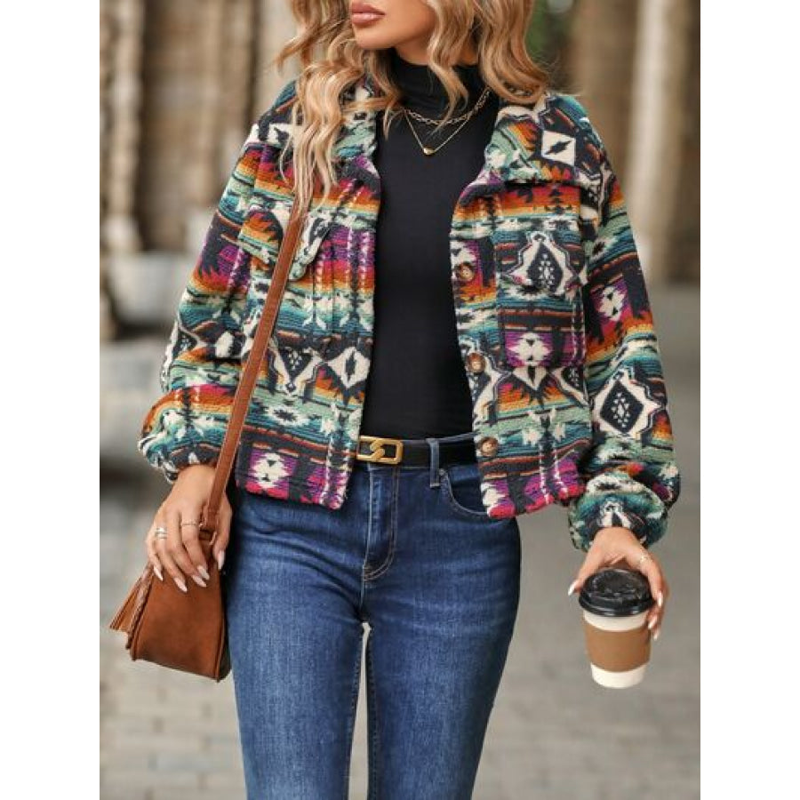 Geometric Dropped Shoulder Balloon Sleeve Outerwear Multicolor / S Apparel and Accessories