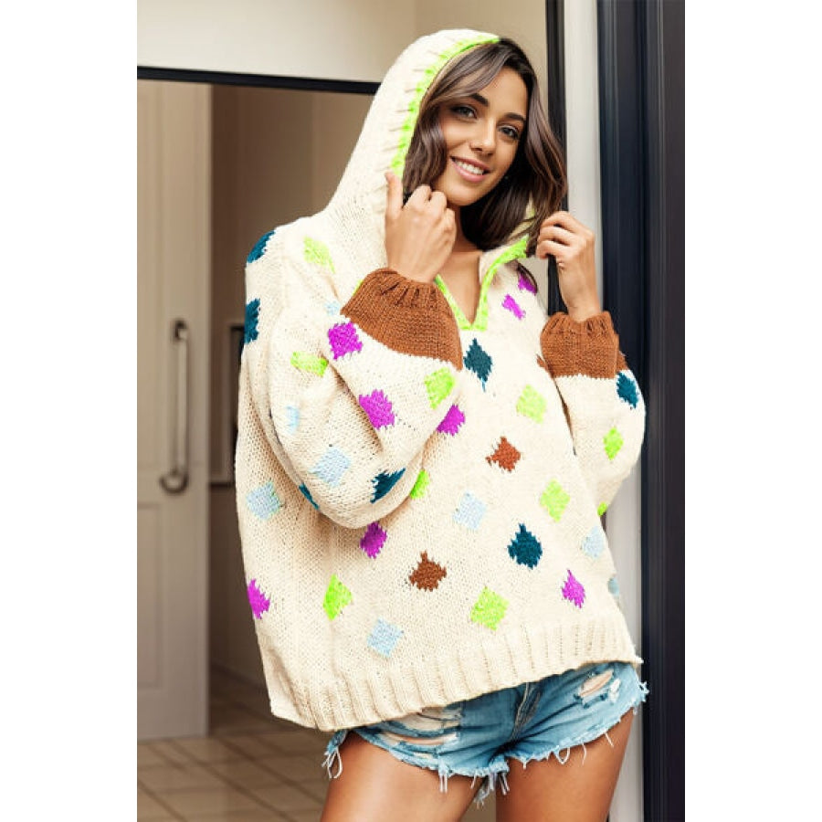 Geometric Dropped Shoulder Hooded Sweater Apparel and Accessories