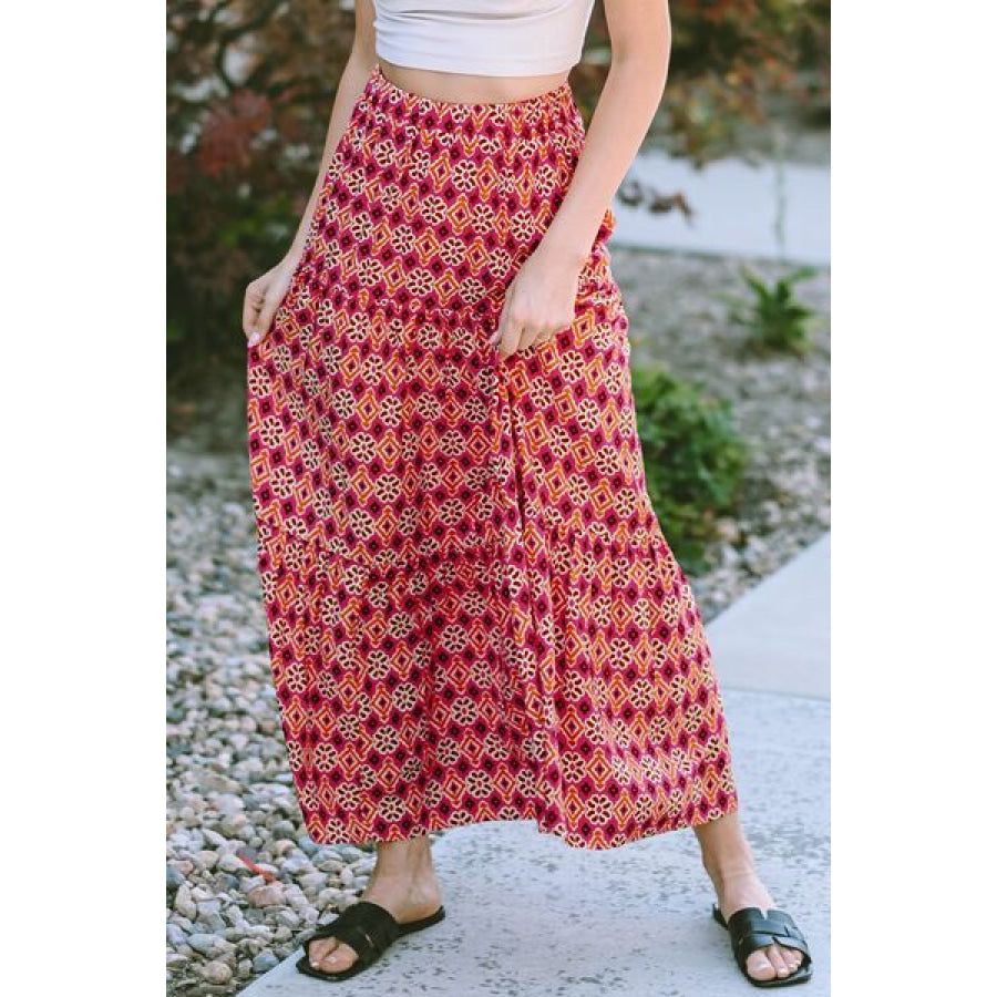 Geometric Elastic Waist Tiered Skirt Deep Red / S Clothing