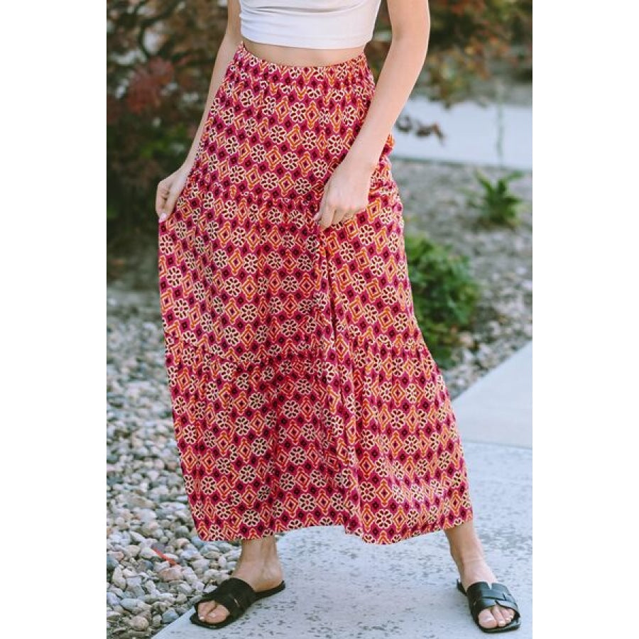 Geometric Elastic Waist Tiered Skirt Deep Red / S Clothing