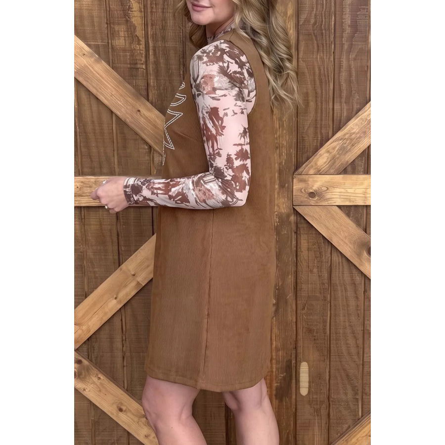Geometric Embroidery Sleeveless Corduroy Shift Dress Apparel and Accessories