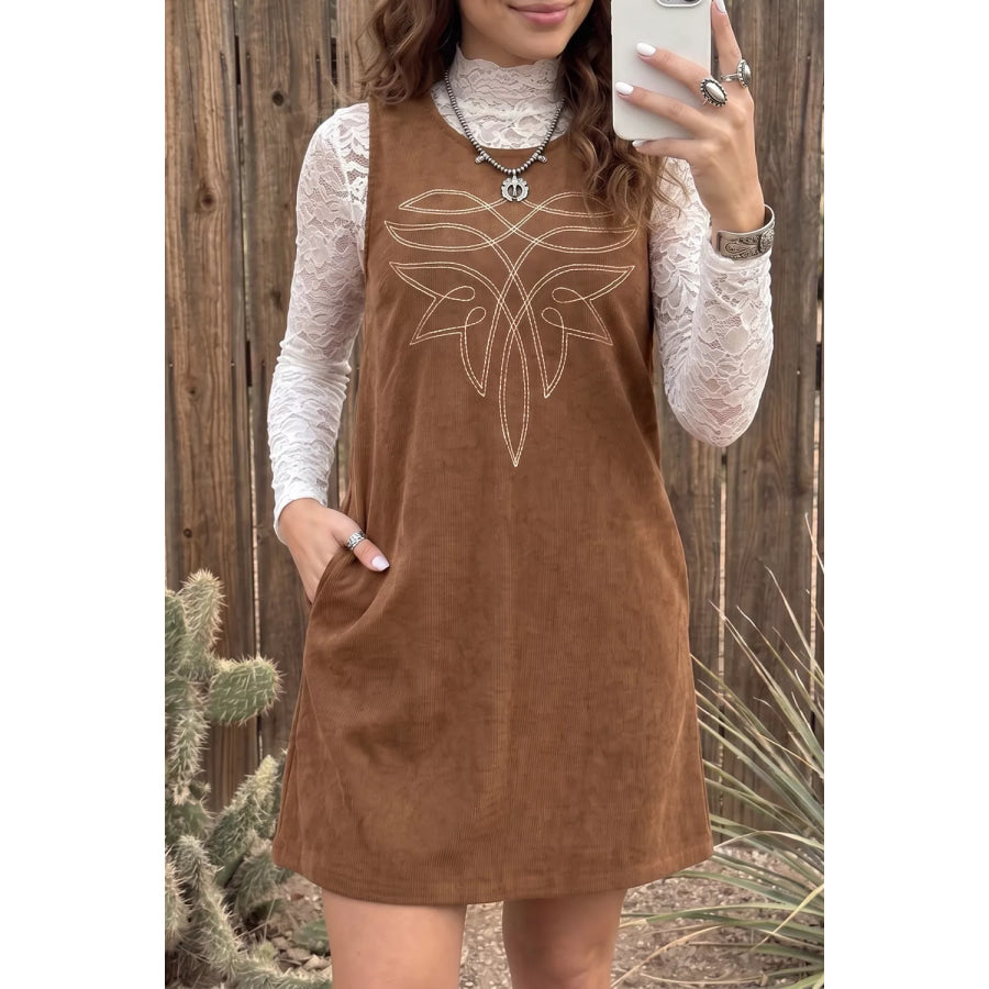 Geometric Embroidery Sleeveless Corduroy Shift Dress Apparel and Accessories