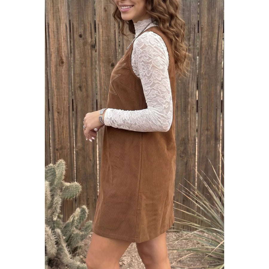 Geometric Embroidery Sleeveless Corduroy Shift Dress Apparel and Accessories