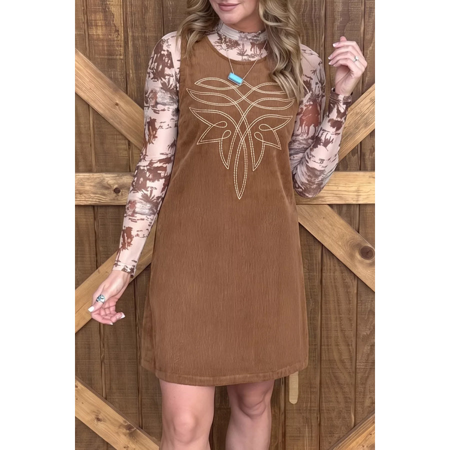 Geometric Embroidery Sleeveless Corduroy Shift Dress Brown / S Apparel and Accessories