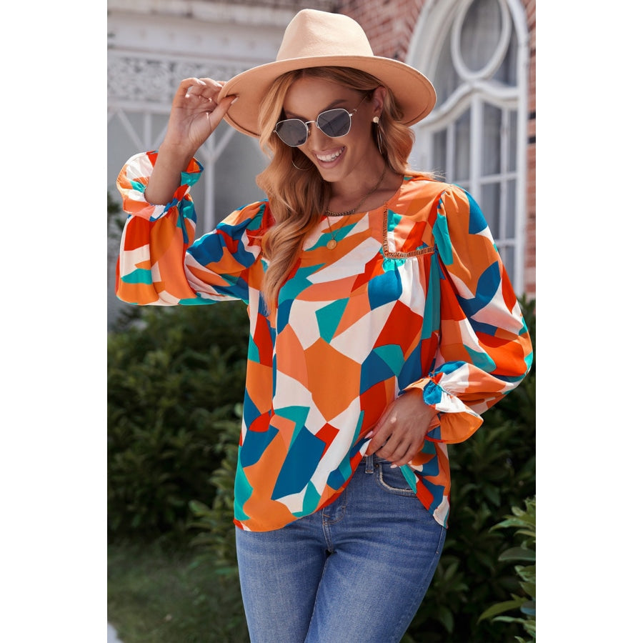 Geometric Flounce Sleeve Blouse Orange / S